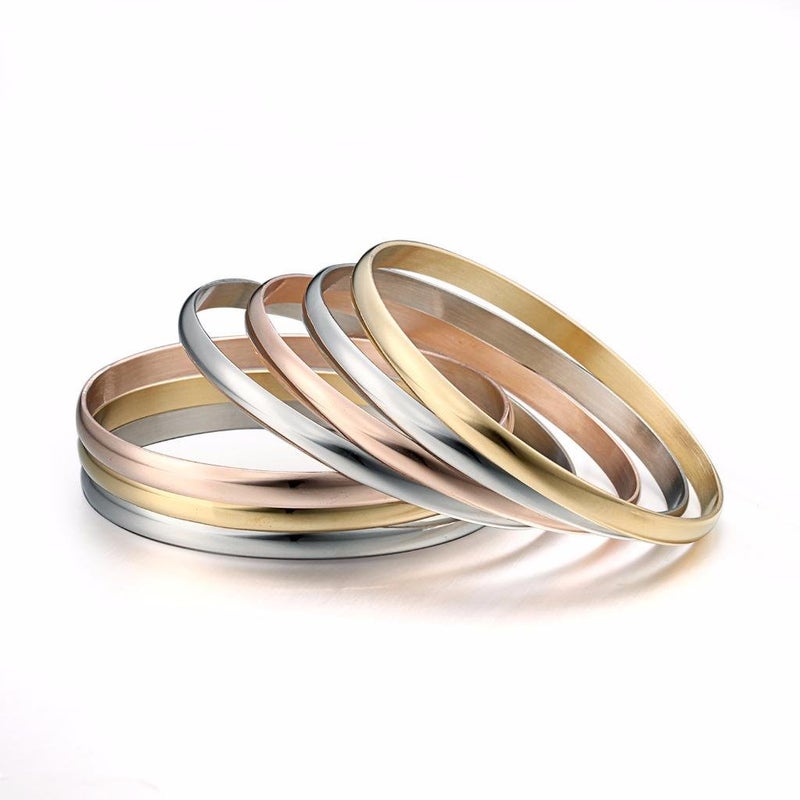 Castillna Tri-Color Silver Gold Rose Gold Bangle Bracelets for Women, 7.8 Inches - Image 2